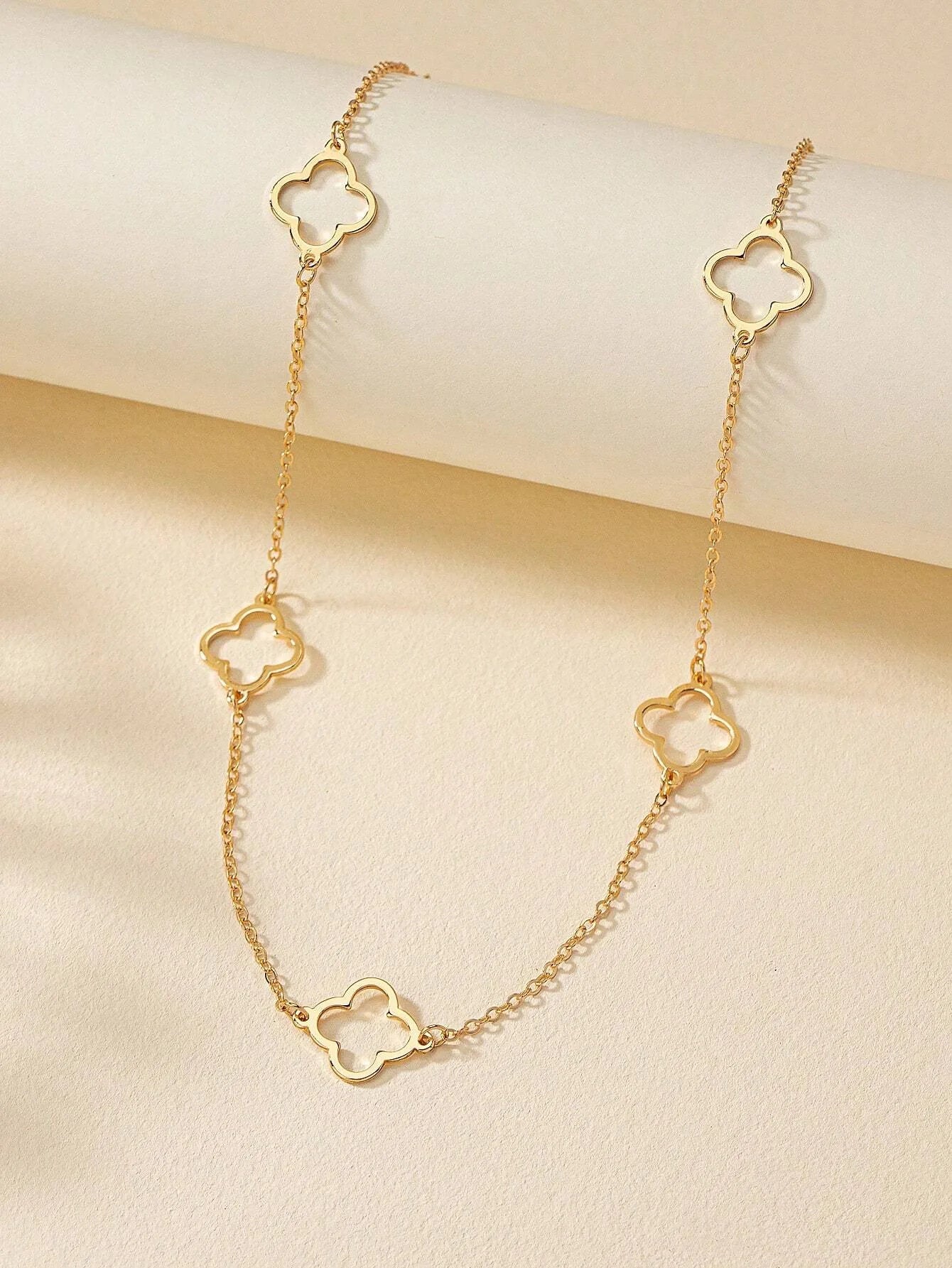 collier Trèfle a Quatre Feuilles-Acier Inoxydable Doré